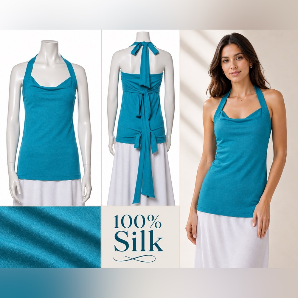 Tomas Maier *Silk* Luxe Turquoise Blue Square Neckline Top